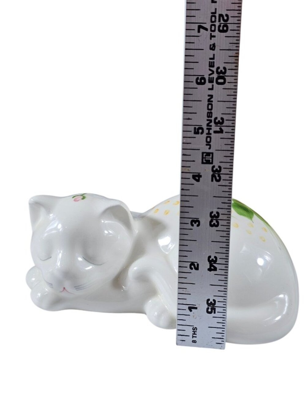 Vintage Sleeping Cat Ceramic Figurine White Pink Flowers Hand Painted - Picture 9 of 10